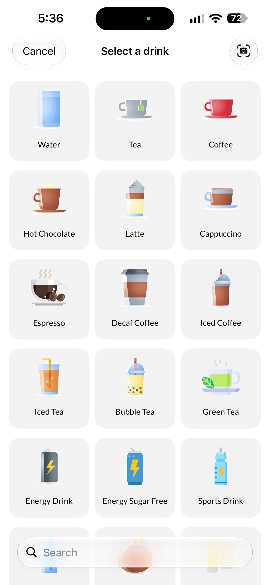Select a drink screen with water, tea, coffee, latte, bubble tea, energy drinks and more